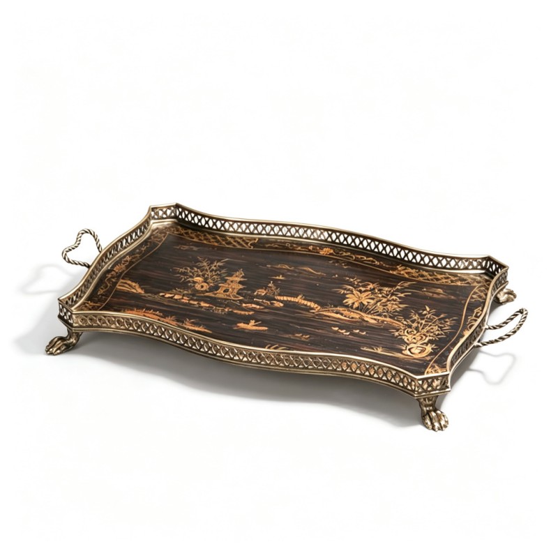 Dark-Wood Gilt Landscape Pavilion Bamboo Openwork Edge Tray