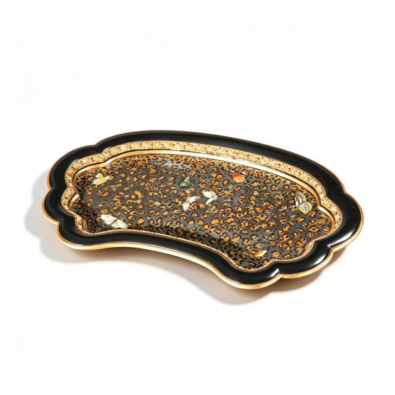 Cloud-Shaped Black-Gold-Carved Leopard-Print Butterfly Tray