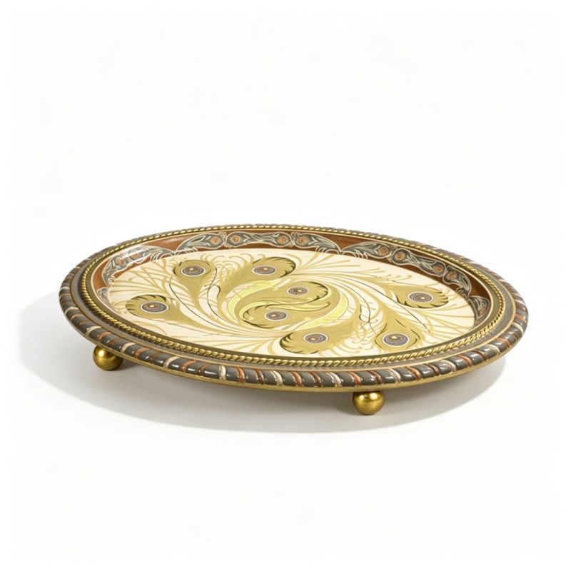 Cream-Base Gold Peacock-Feather Oval Tray