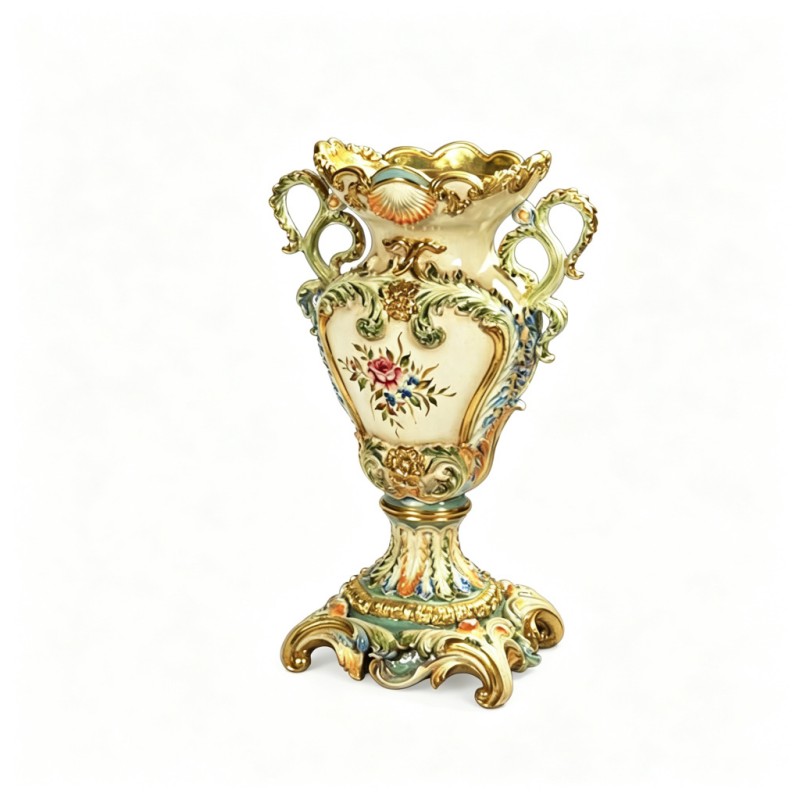 European Vintage Two-Handle Hand-Painted Porcelain Vase