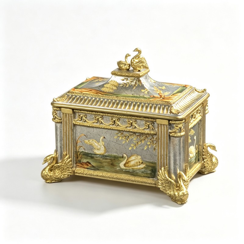 Silver-Grey Crackle Swan-and-Water Hand-Painted Jewelry Box