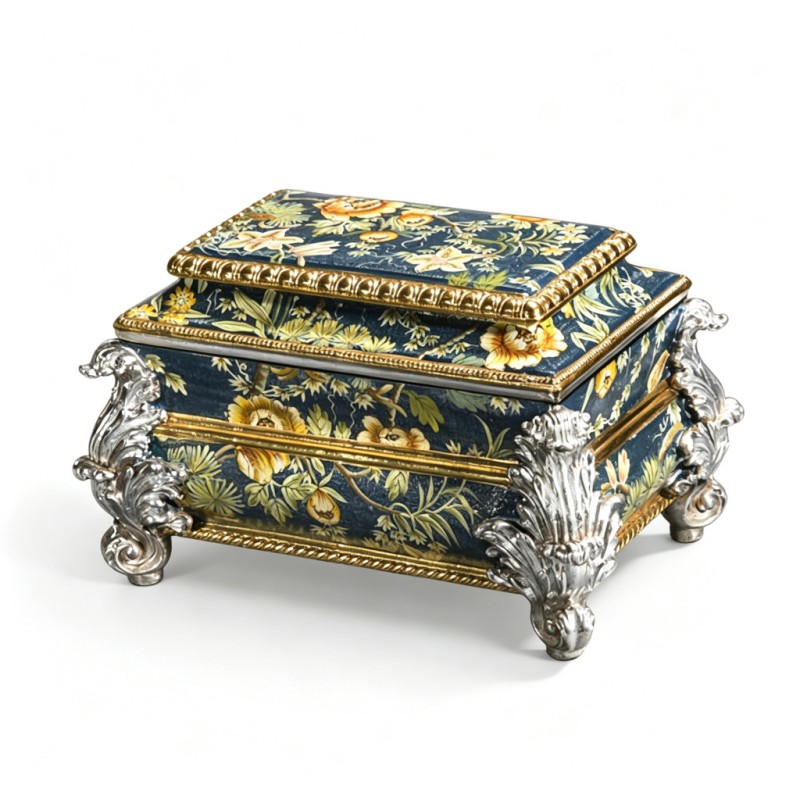 Deep-Blue Floral Square Two-Tier Jewelry Box
