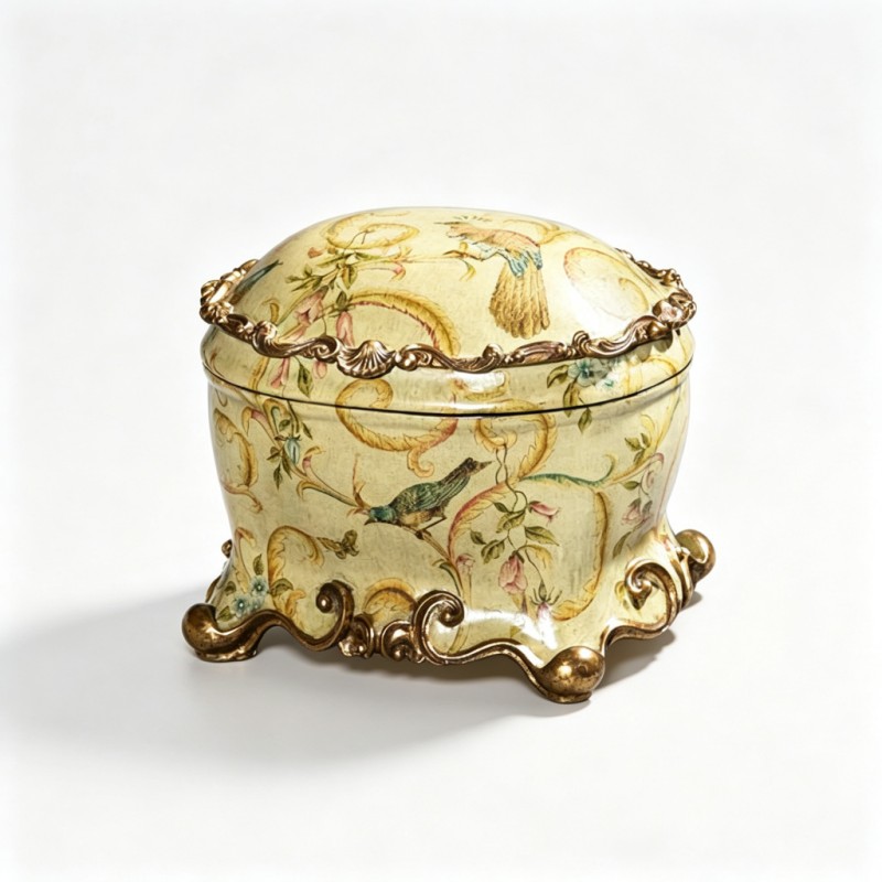 Beige Bird-Flower Scrollwork Rounded Jewelry Box