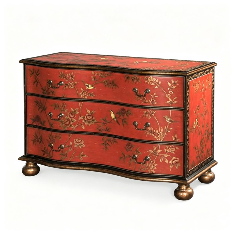 Chinese Gilt Bird-and-Flower Red Lacquer Three-Drawer Chest
