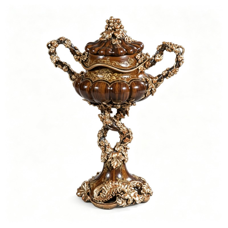 Dark-Brown Gilded Ribbed Lidded Pot