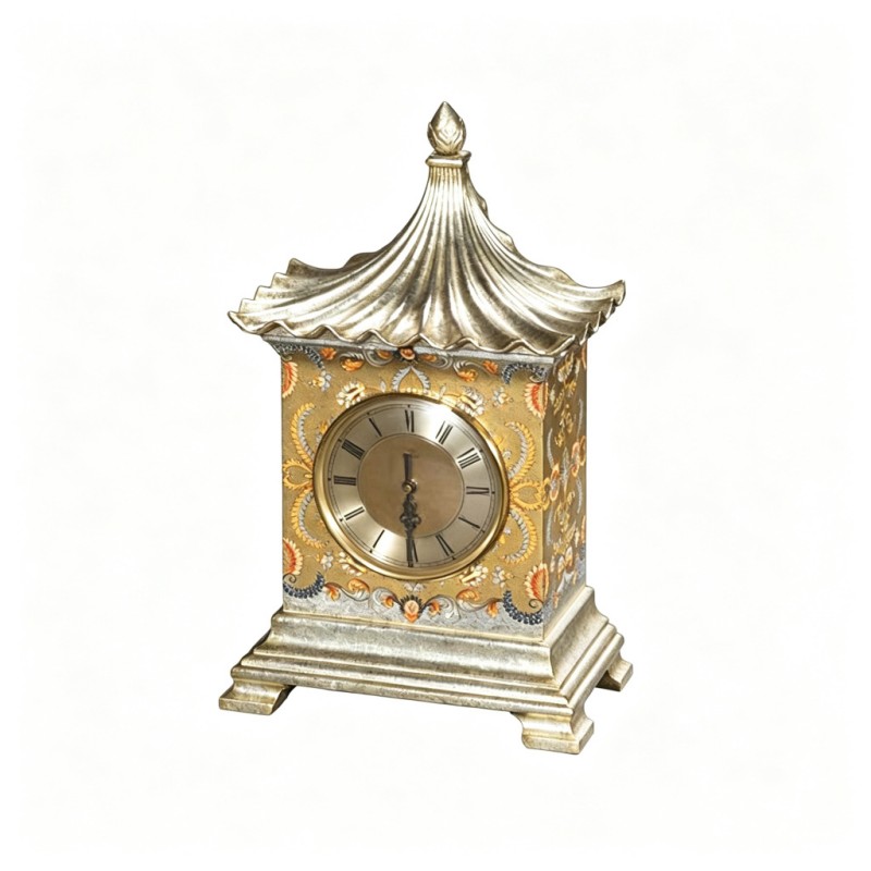 Gold Floral-Scroll Chinese-Pavilion Table Clock