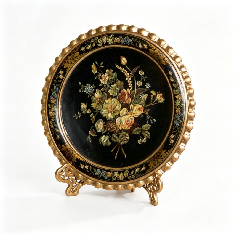 Black-Base Colorful-Flower Porcelain-Plate Gilded-Stand Ornament