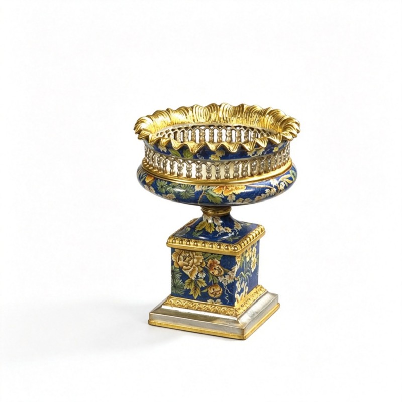 Deep-Blue Enamel Floral Pedestal Display Bowl