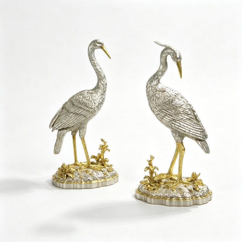 Pair of Silver-Gold Crane Sculptures