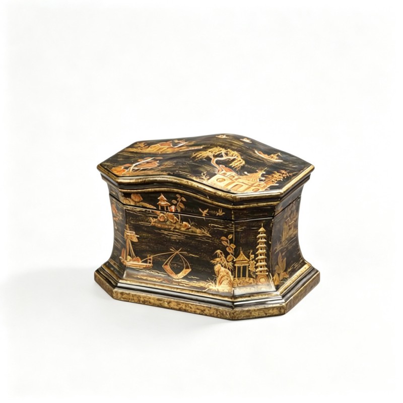 Black Gilt Landscape-Pagoda Hexagonal Jewelry Box