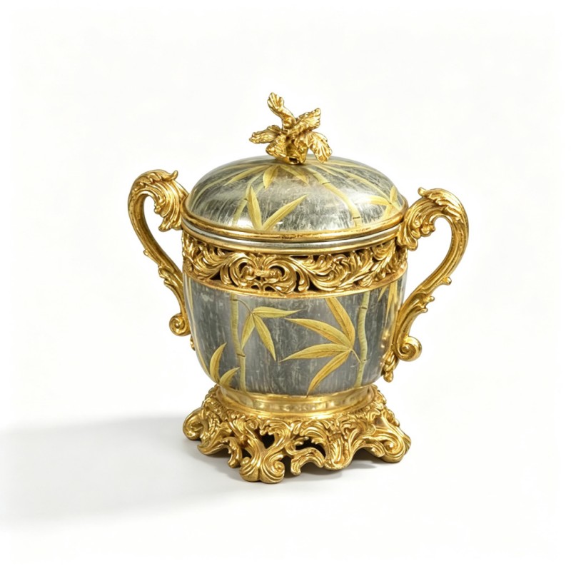 Grey-Green Gold-Bamboo-Leaf Two-Handle Jar