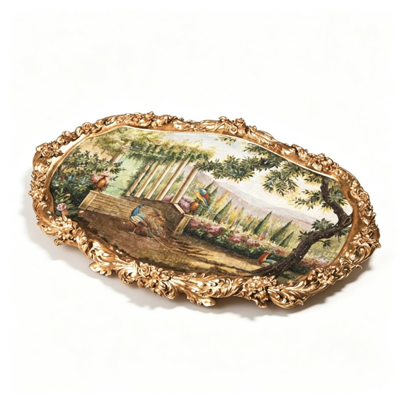 Gold-Carved-Edge Garden-Peacock Oil-Painting Tray