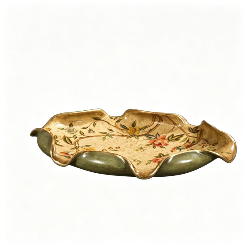 Beige Lotus-Leaf Wavy-Edge Floral Hand-Painted Tray