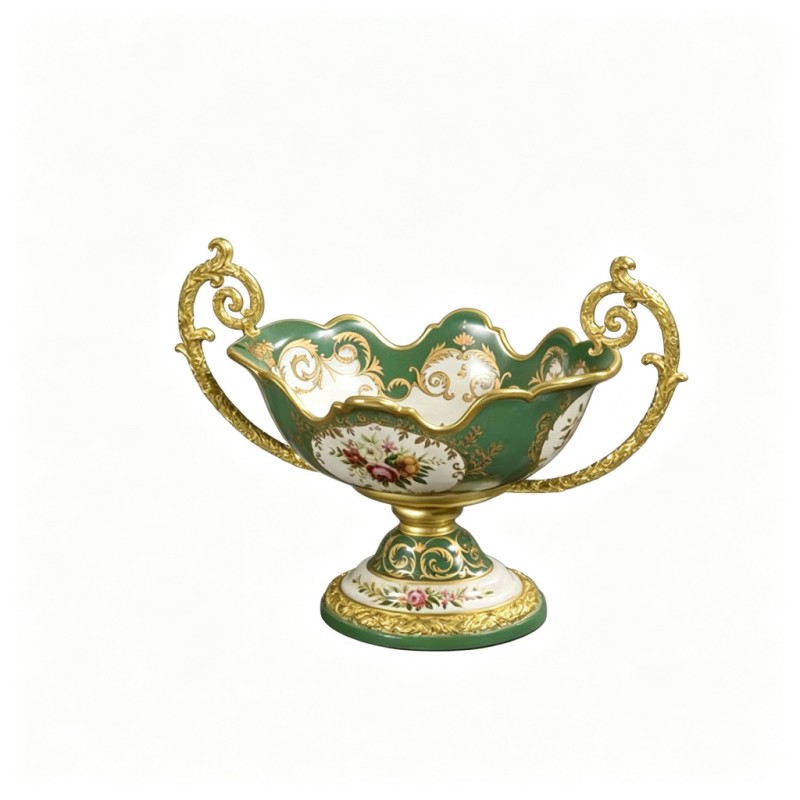 Dark-Green-Cream Gilded Two-Handle Fruit Bowl