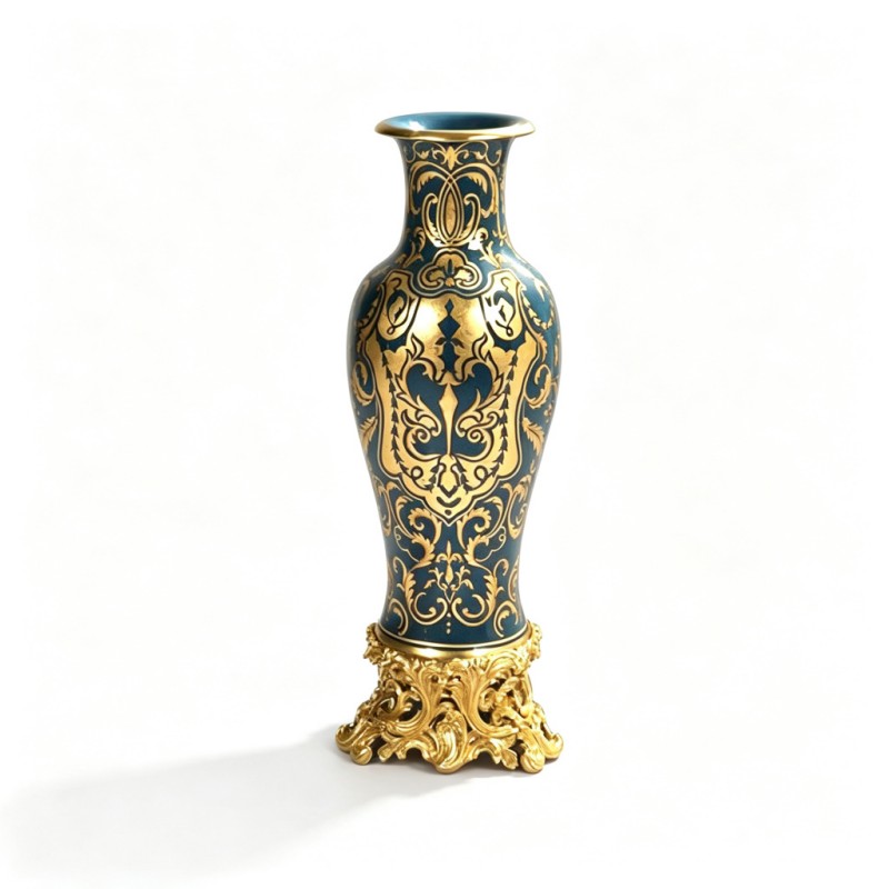 Deep-Teal Gold-Scrollwork Porcelain Vase