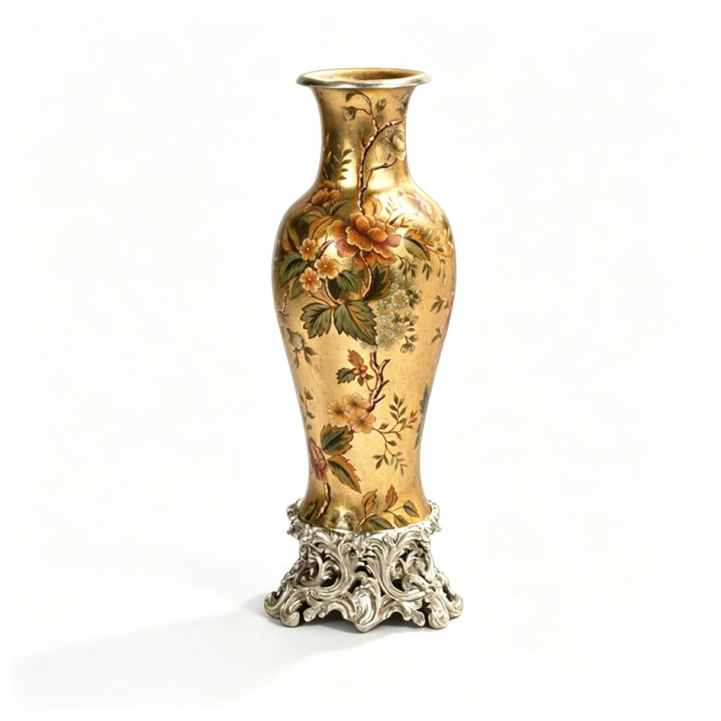 Gold Floral-Leaf Hand-Painted Slender Porcelain Vase