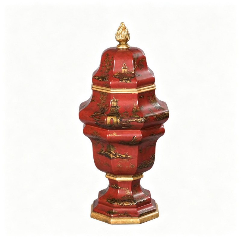 Red Gilt Pavilion-Landscape Octagonal Lidded Jar