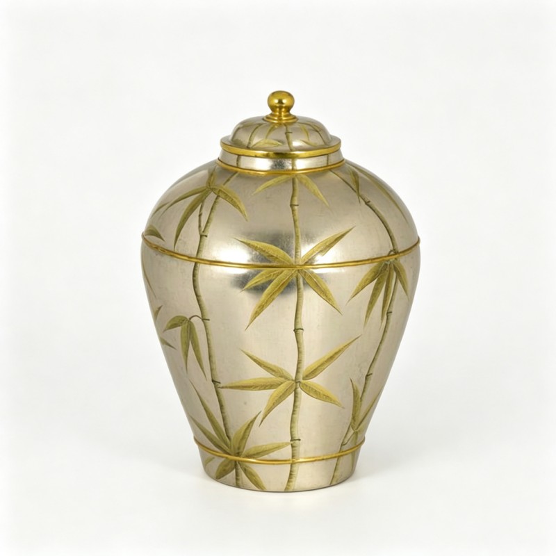 Silver-Grey Gold-Bamboo Lidded Ceramic Jar