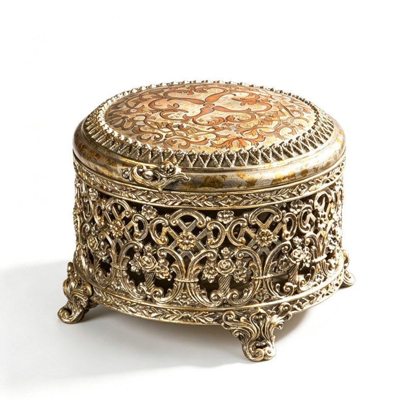 Distressed Gilded Openwork-Scrollwork Jewelry Box