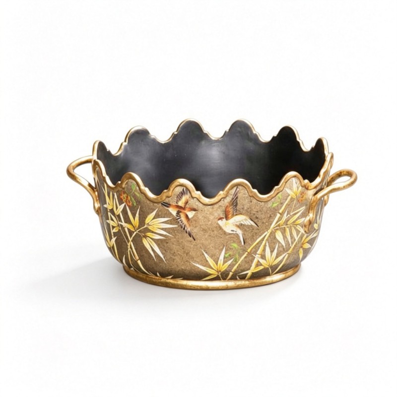 Gold-Brown Wavy-Bowl Bird-Pattern Decorative Box