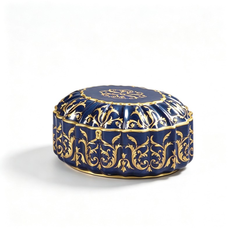 Navy Gilt Scrollwork-Ridged Jewelry Box