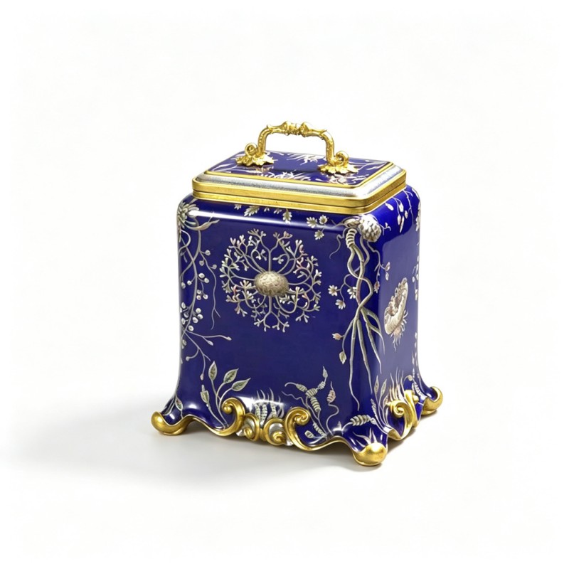 Sapphire-Enamel Floral-Scrollwork Square Storage Box