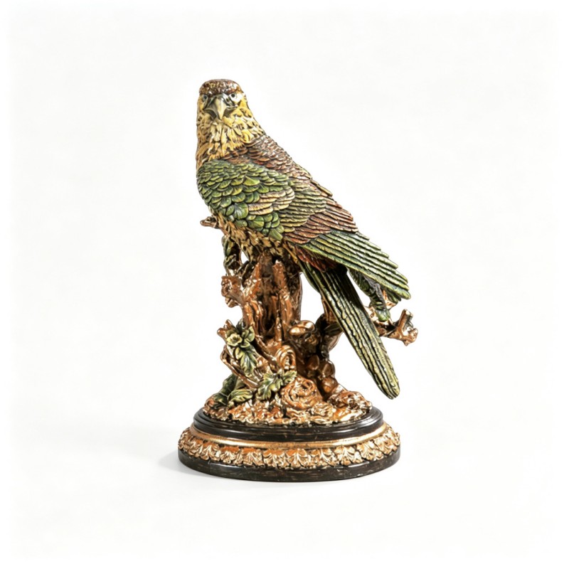 Green-Brown-Gold Parrot-on-Branch Sculpture