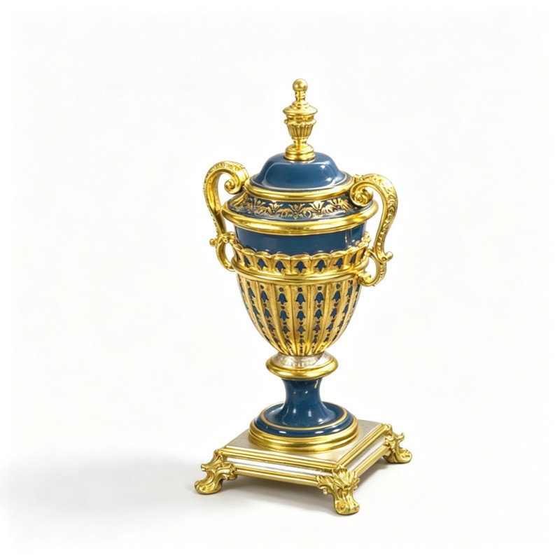 Deep-Blue Gilded Openwork Two-Handle Display Vase