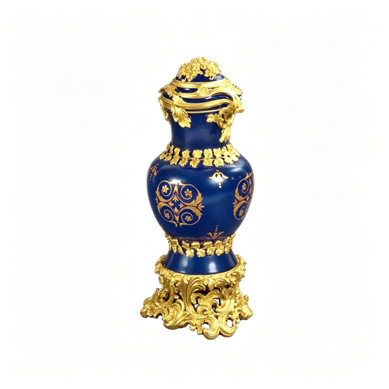 Deep-Blue Gold-Relief Lidded Porcelain Vase