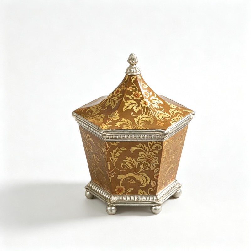 Brown-Gold Floral-Scrollwork Hexagonal Pointed-Top Storage Box