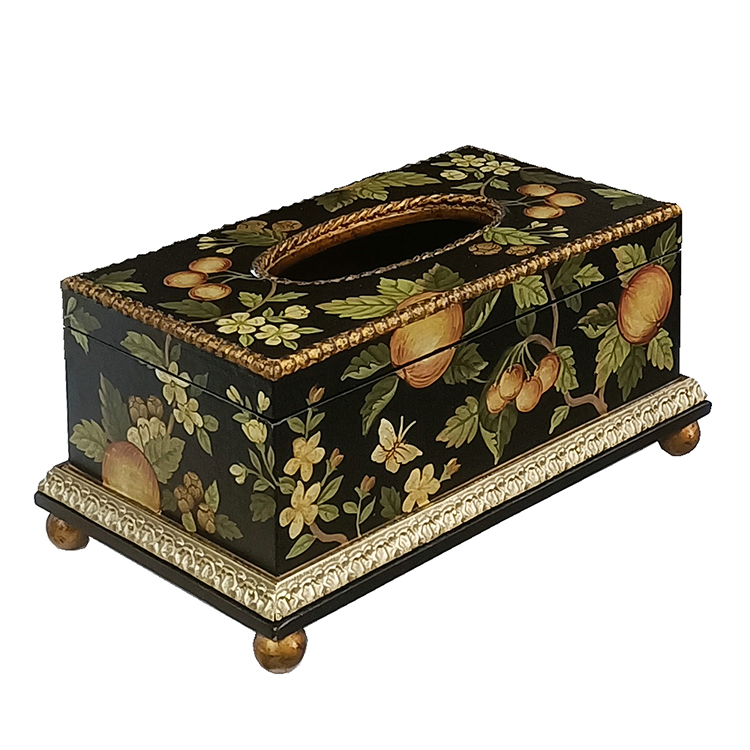 French Vintage Black-Base Floral-Fruit Hand-Painted Rectangular Tissue Box