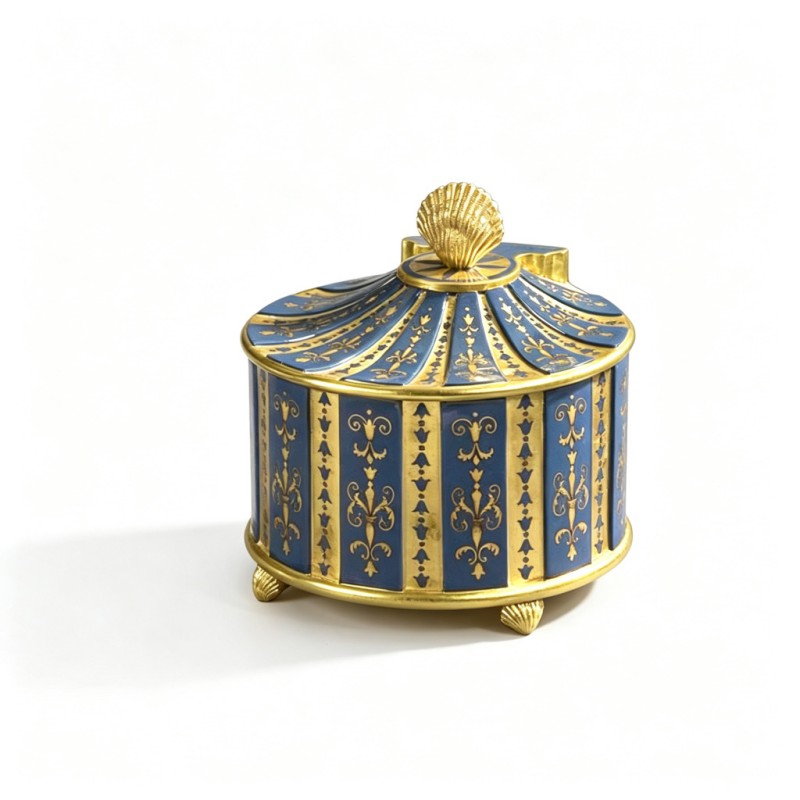 Blue-Gold Scrollwork Iris-Pattern Cylindrical Lidded Jar