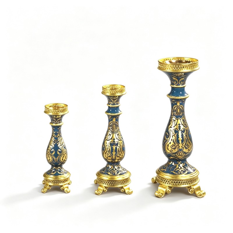 Deep-Blue Gold-Pattern Three-Piece Candlestick Set