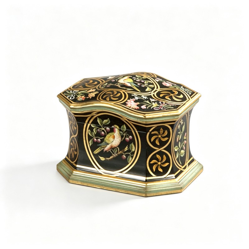 Black-Base Gold-Line Octagonal Bird-Flower Jewelry Box