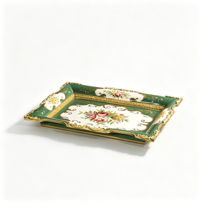 Deep-Green-Base Gilt-Scrollwork Rectangular Tray