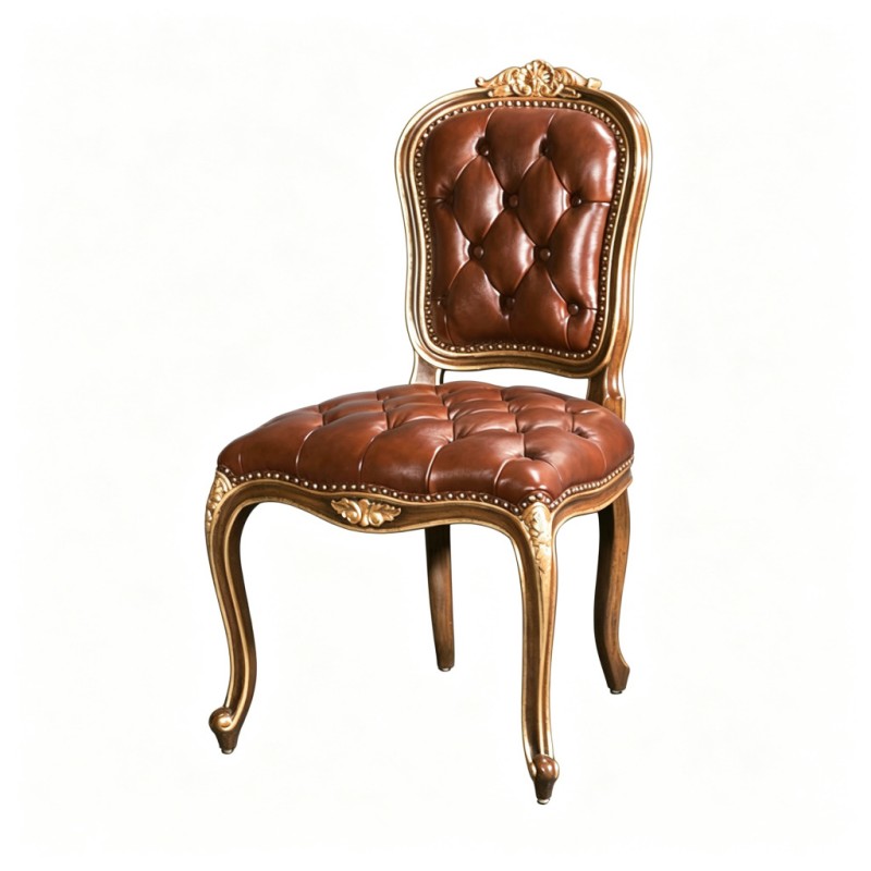 Classic French-Style Carved Genuine Leather Dining Chair