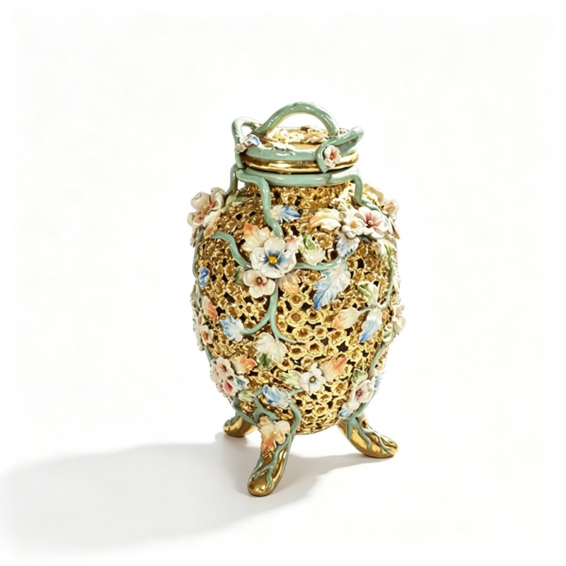 Gold Openwork-Vine Colorful-Flower Lidded Jar