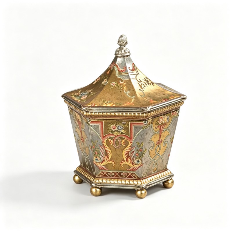 Silver-Gold-Base Floral Hexagonal Pointed-Top Lidded Box