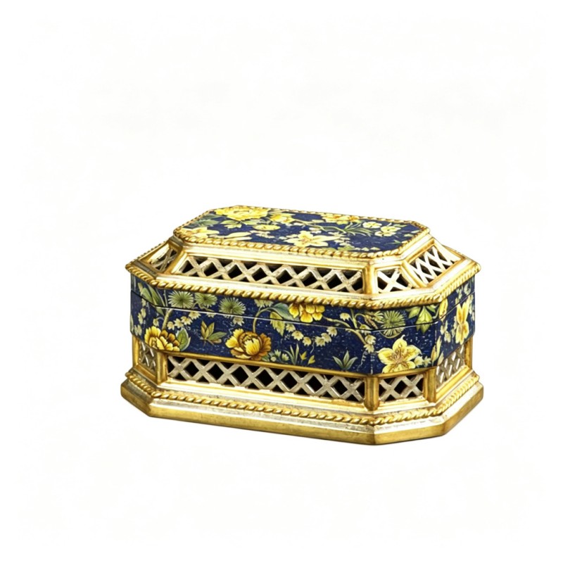 Deep-Blue-Base Yellow-Flower Green-Leaf Octagonal Jewelry Box