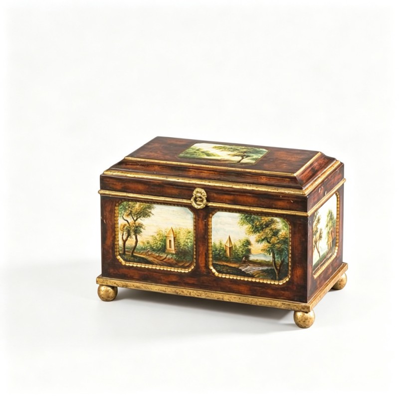 Dark-Wood Gilded-Edge Porcelain-Panel Decorative Box