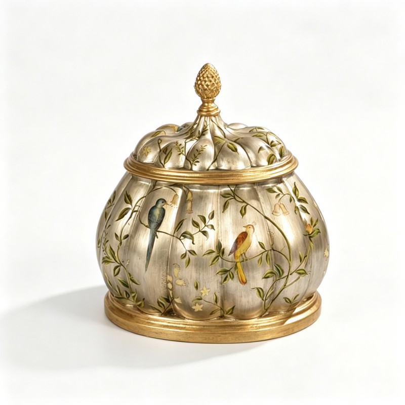 Silver Gold-Edge Bird-Flower Pumpkin-Lobe Lidded Jar