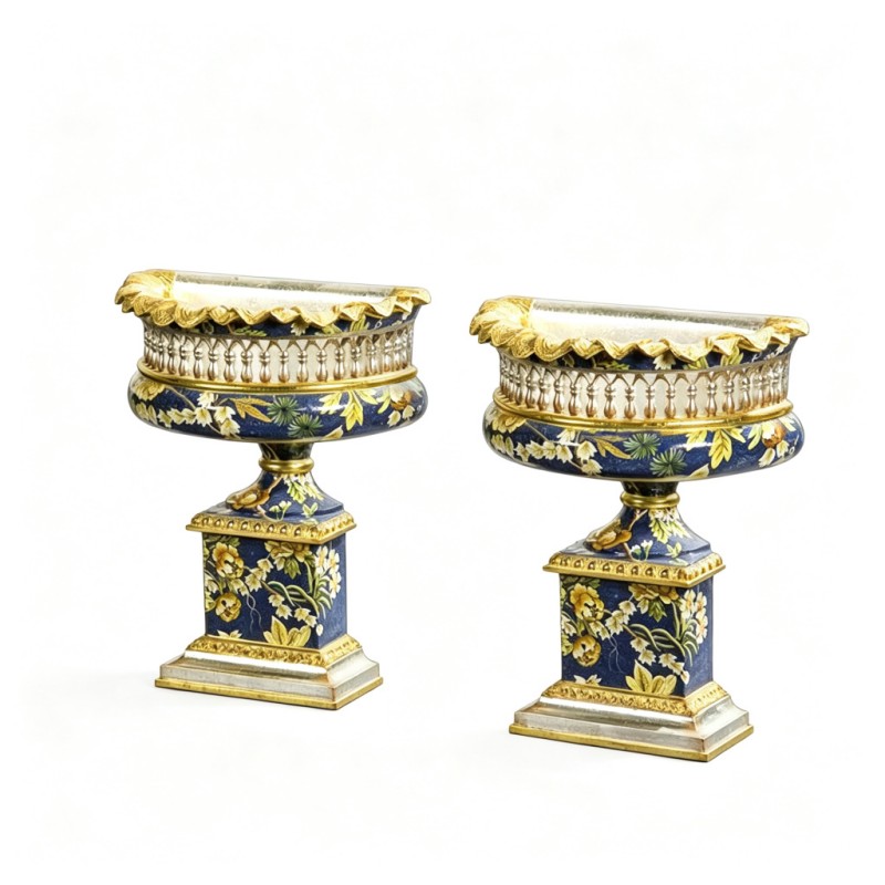 Pair of Deep-Blue Colorful-Flower Gilded-Silver Pedestal Vases