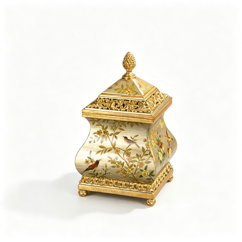 Beige-Gold Bird-Flower Waist Lidded Jar