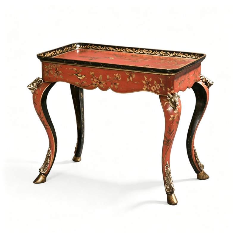 Gilt Classic French-Style Bird-and-Flower Red Lacquer Side Table