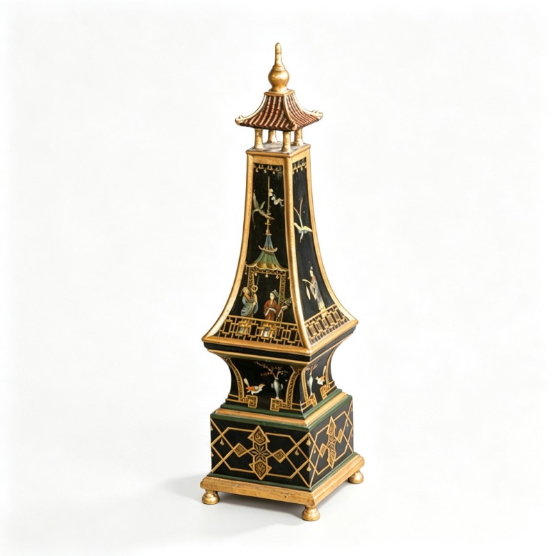 Black-Base Gold-Figure Chinese-Pagoda Ornament
