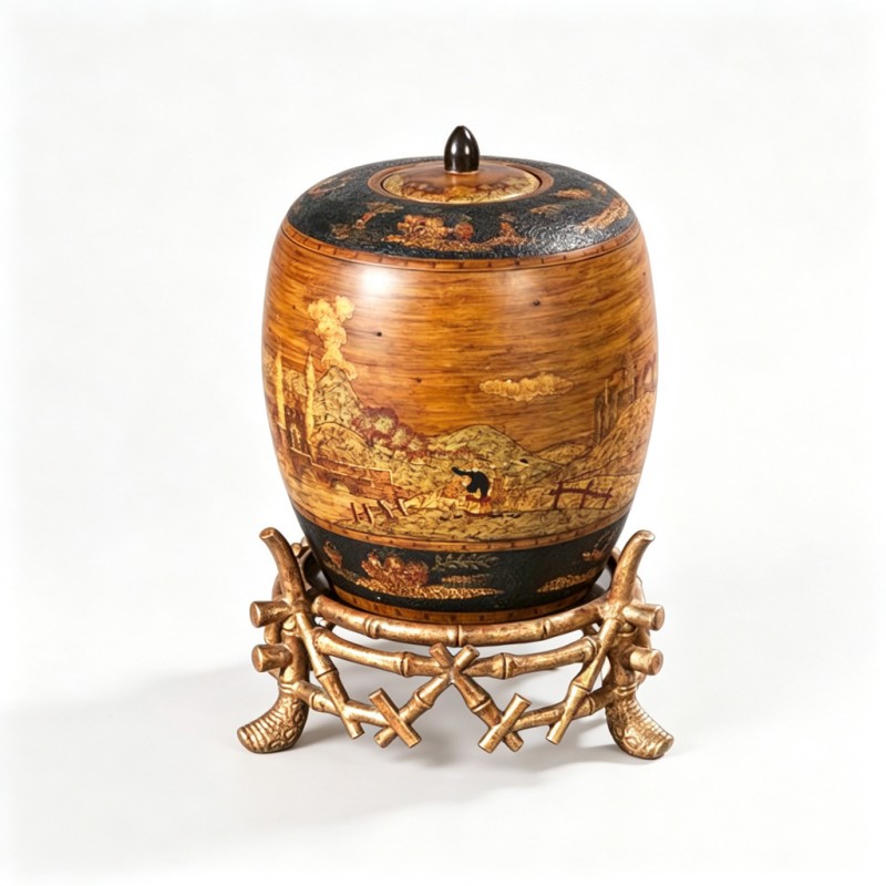 Warm-Brown Wood-Drum Landscape-Figure Storage Jar