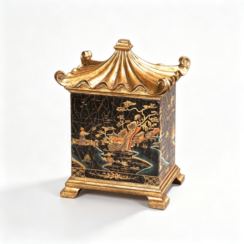 Chinese-Pavilion Black-Gilt Landscape-Figure Ornament