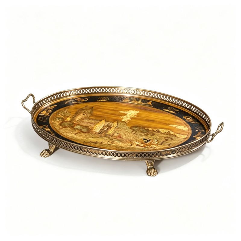 Wood-Inlaid Pastoral-Landscape Oval Tray