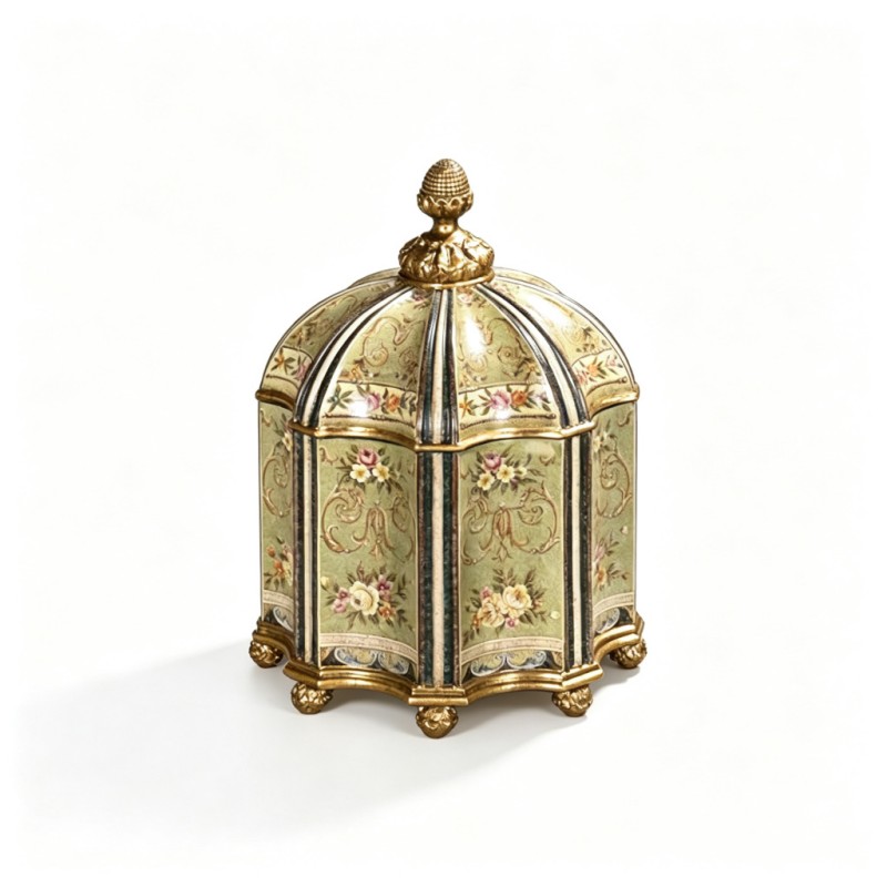Light-Green-Base Floral-Scrollwork Faceted Dome Storage Jar