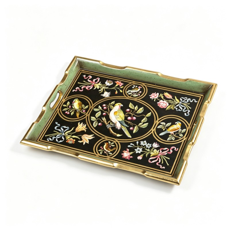 Black Gilt Parrot-Bird-Flower Rectangular Tray